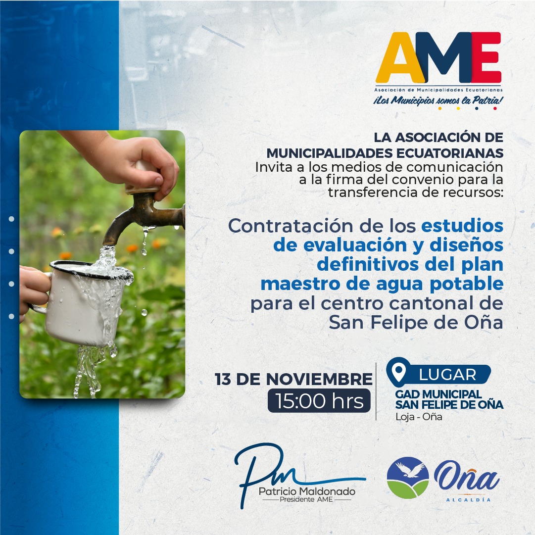 AMEcuador's tweet photo. 📌INVITACIÓN | ¡AME fortalece nuestros municipios!

Estamos comprometidos con el bienestar de nuestra comunidad. Invitamos a la suscripción de convenio entre #AME y @gad_ona para garantizar acceso constante de 🚰agua potable.

"Construimos un futuro más saludable"💧 https://t.co/sM05bF9bxB