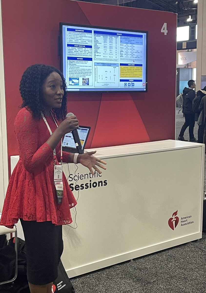 Fantastic presentation by Dr. @ycommodore on the ADHINCRA Study, a “Multi-Level Nurse-Led, Mobile Health📱 Enhanced Intervention to Improve Outcomes in HTN Control in Ghana.” IMPRESSIVE results. Excited for the next steps! 📈 @CDH_JHU @JHUNursing #AHA23