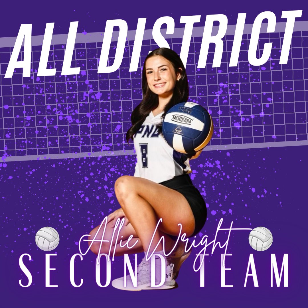 Congratulations to these ‘Noos for their 17-5A all district honors! 💜🤍🏐🏹 First Team: Blakely Burks - Jr Second Team: Addison Bost - Sr Shaelyn Cobb - Soph Allie Wright - Sr