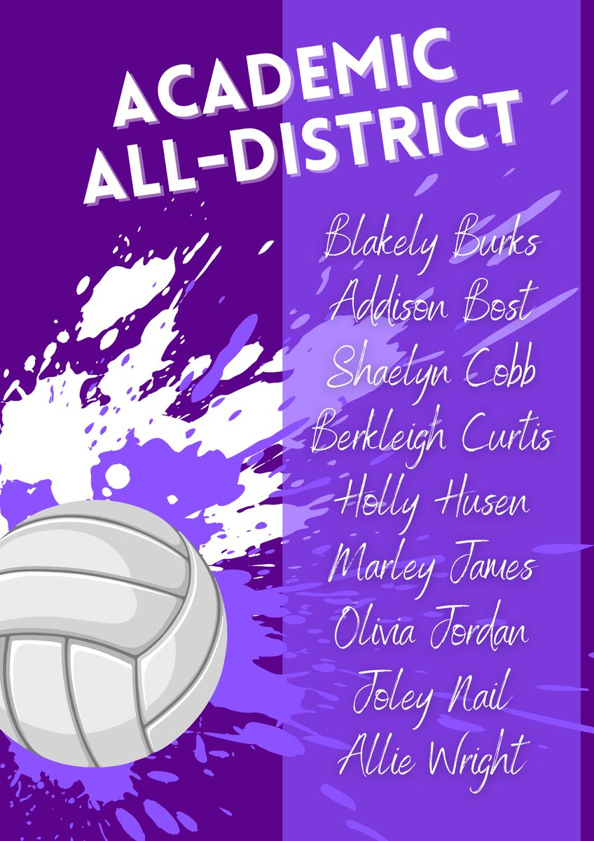 Honorable Mention: Linkyn Arabie - Fr Holly Husen - Soph Olivia Jordan - Jr Academic All District: Blakely Burks Addison Bost Shaelyn Cobb Berkleigh Curtis Holly Husen Marley James Olivia Jordan Joley Nail Allie Wright #scalpem 💜🤍🏐🏹