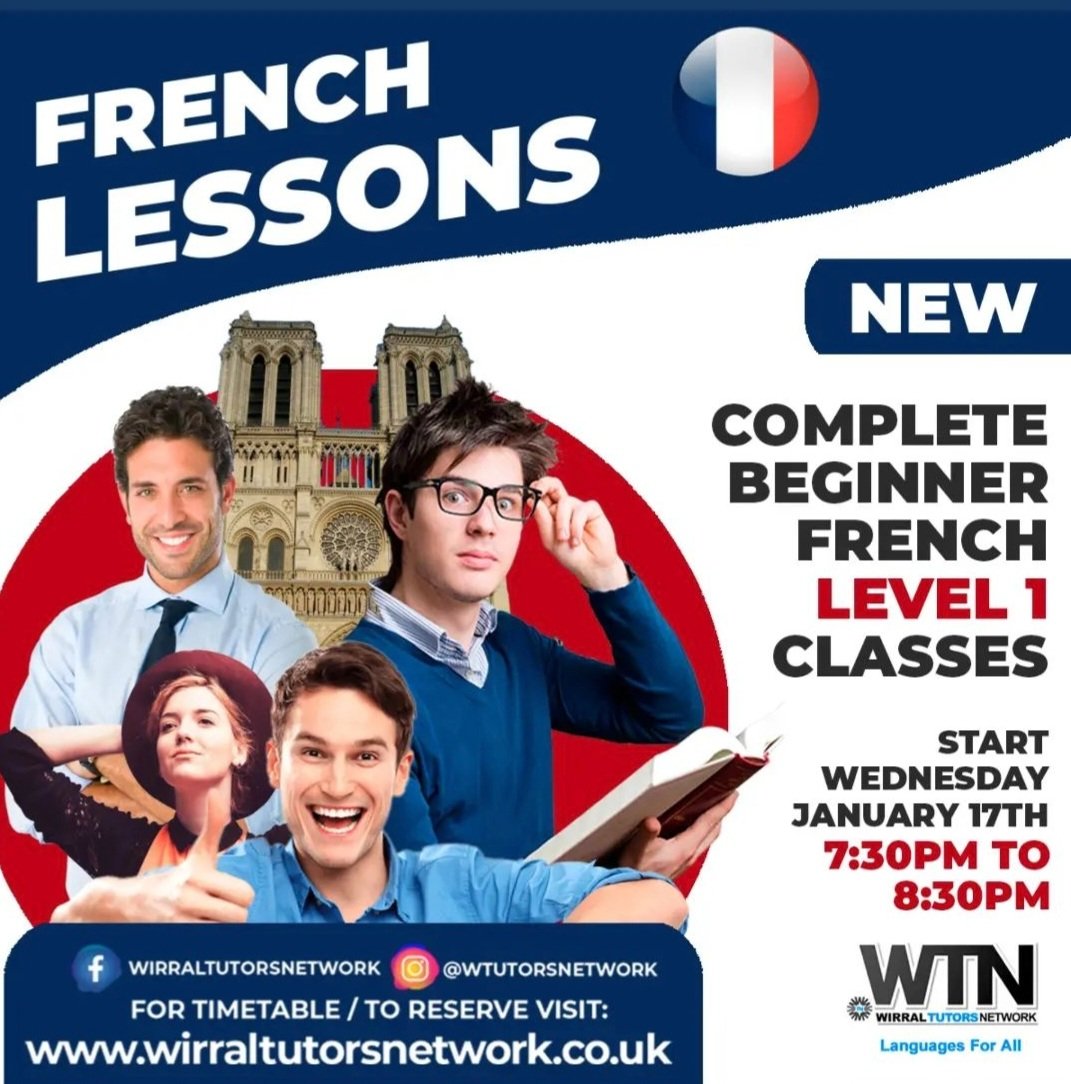 New French Classes Jan  🇨🇵
✳Beginner 1  start Wed 17th Ja
7.30pm -8.30pm
✳Beginner 2,
Intermediate, advanced  WC 8th Jan
✳One to One  private tuition online/in person lessons available, 
For details:
wirraltutorsnetwork.co.uk
 
#FrenchClassesWirral #LearnFrench #Wirral #chester