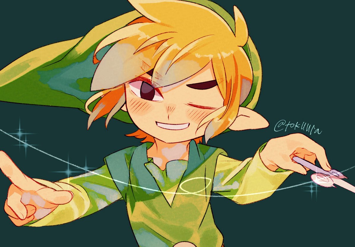 link ,toon link 1boy male focus blonde hair green headwear solo hat one eye closed  illustration images
