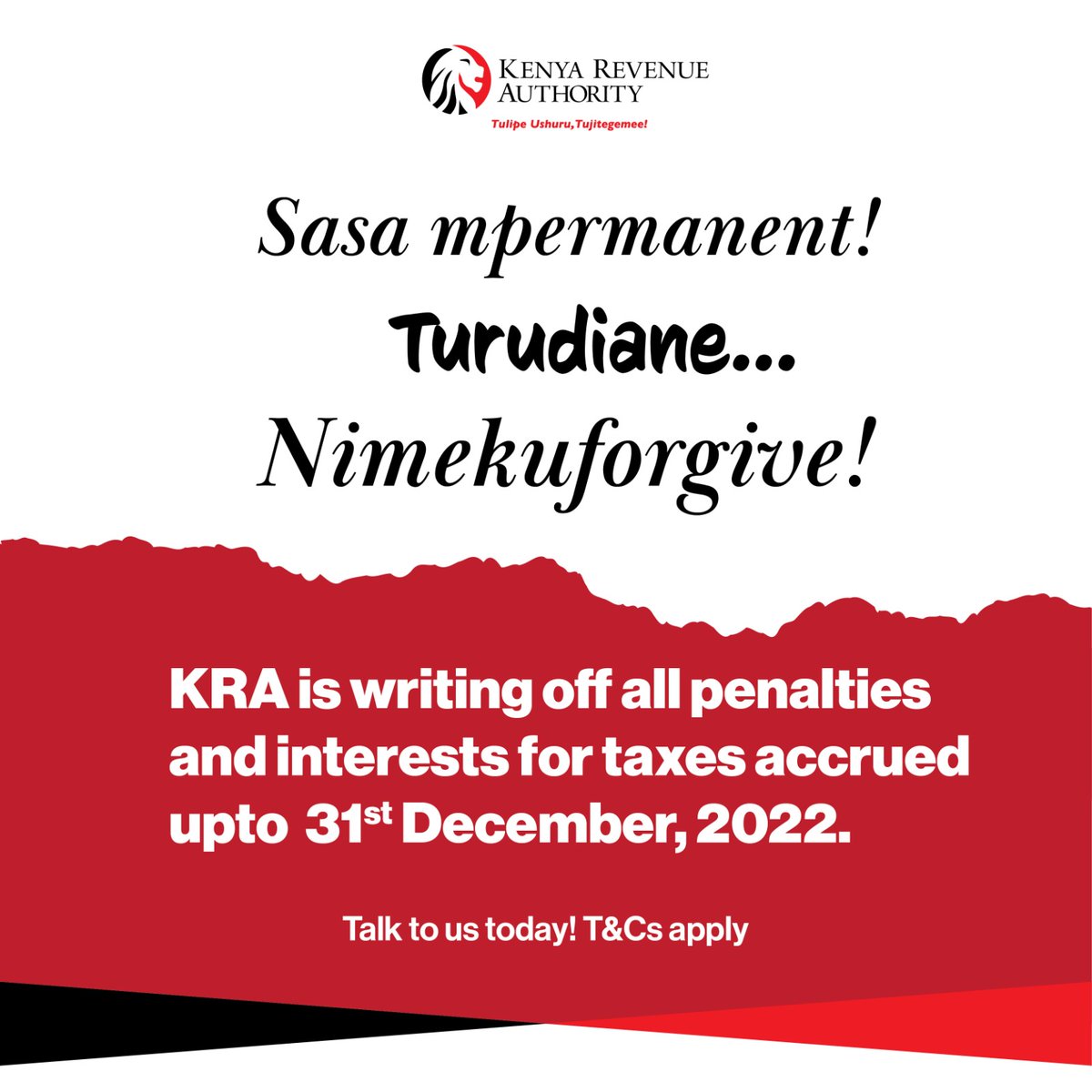 KRACare's tweet photo. Hello mpermanent, situation lko aje? Tumekumiss, si turudiane!
Tumekutolea form, wewe tokelezea tu!
Chapa reset with the tax amnesty program.🔁 Usiwachwe nyuma; https://t.co/QxdByH0oPS
#ChapaResetNaAmnesty #TaxAmnesty https://t.co/LRVXyzYmcv