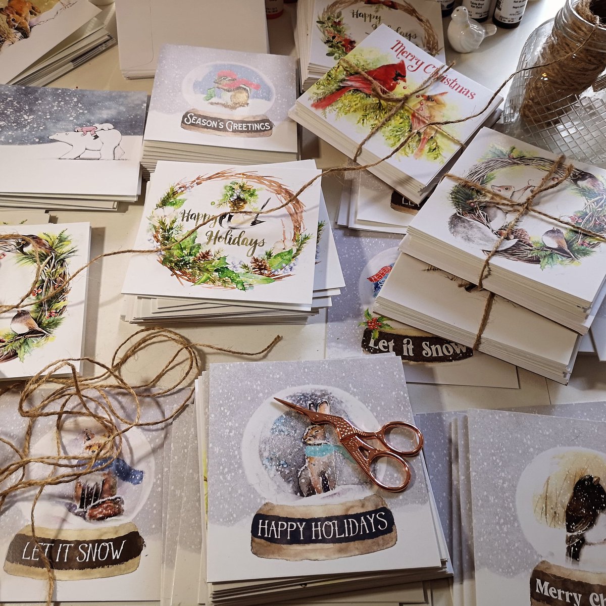 ChristyObalek's tweet photo. So this is me today... Christmas cards will be available at @planetprintchatham
And @the_studio_art_gallery this week, and online soon! 

#christmascards #illustration #painting #watercolors #birdlovers #shoplocalck https://t.co/fcuAljrARF
