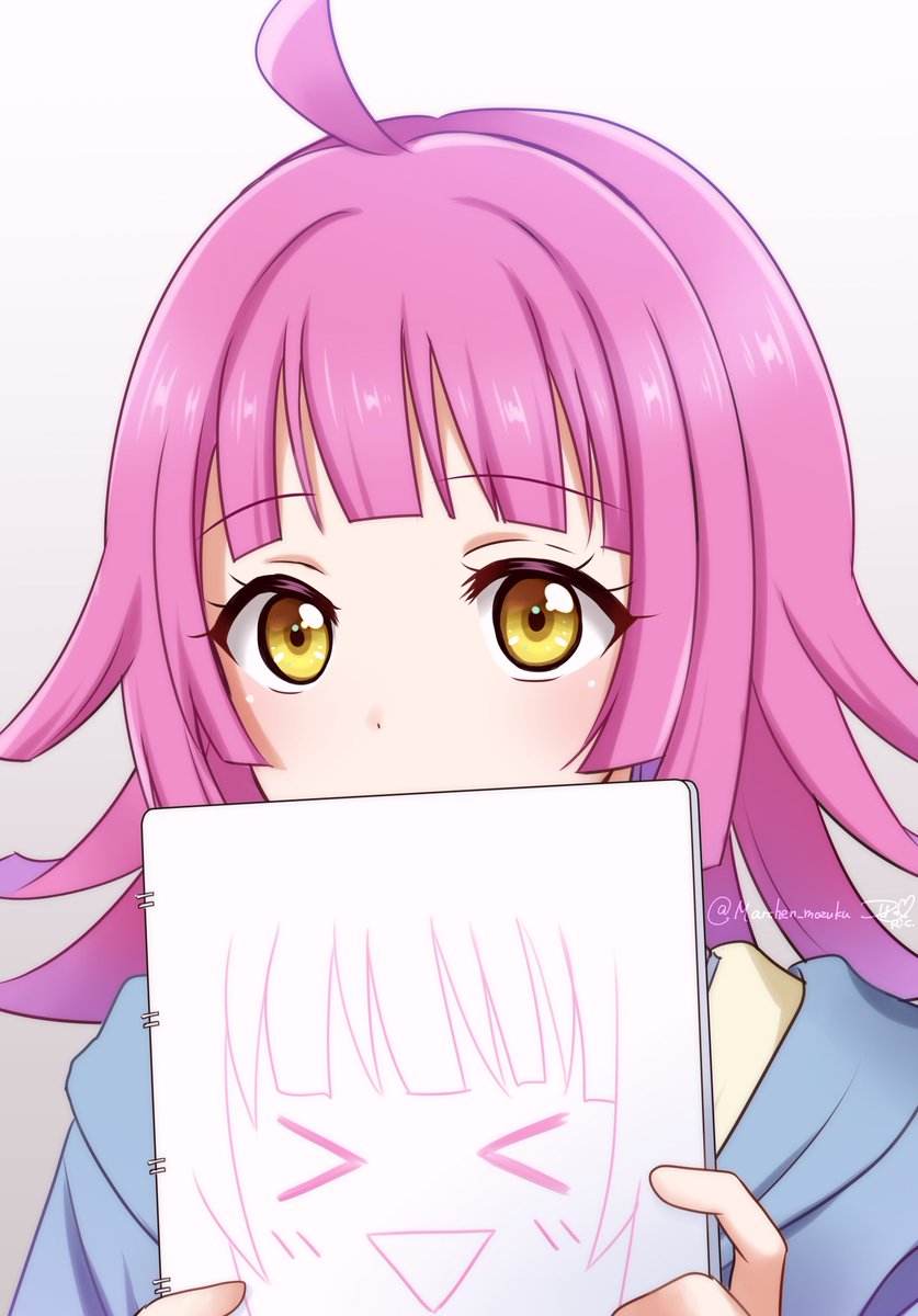 tennouji rina 1girl pink hair ahoge yellow eyes bangs solo holding  illustration images