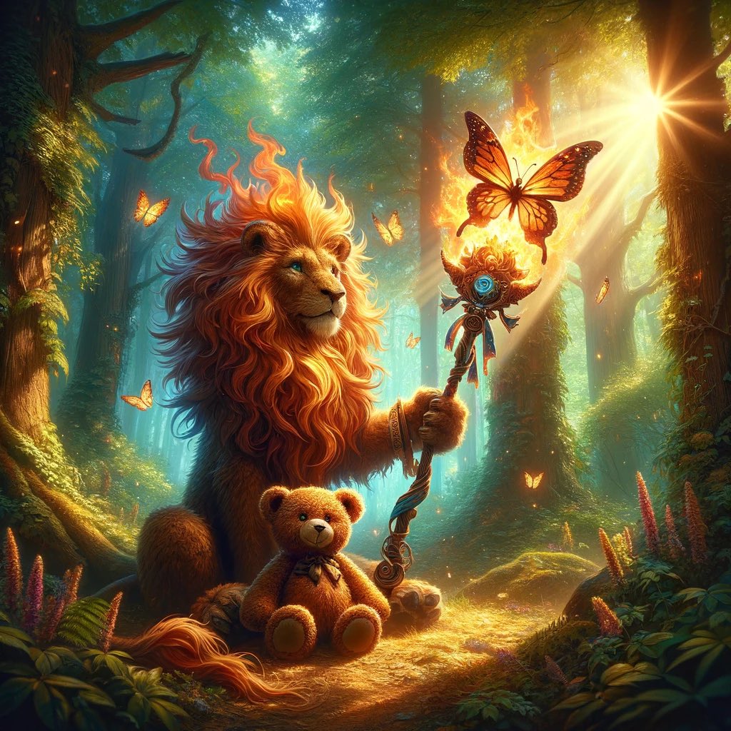 Waking up to forest whispers 🌲🌅, where teddy bears and fire lions share dawn's embrace. In this woodland realm, every sunrise tells a tale. #MorningMagic #NatureStories #Teddy #Butterfly