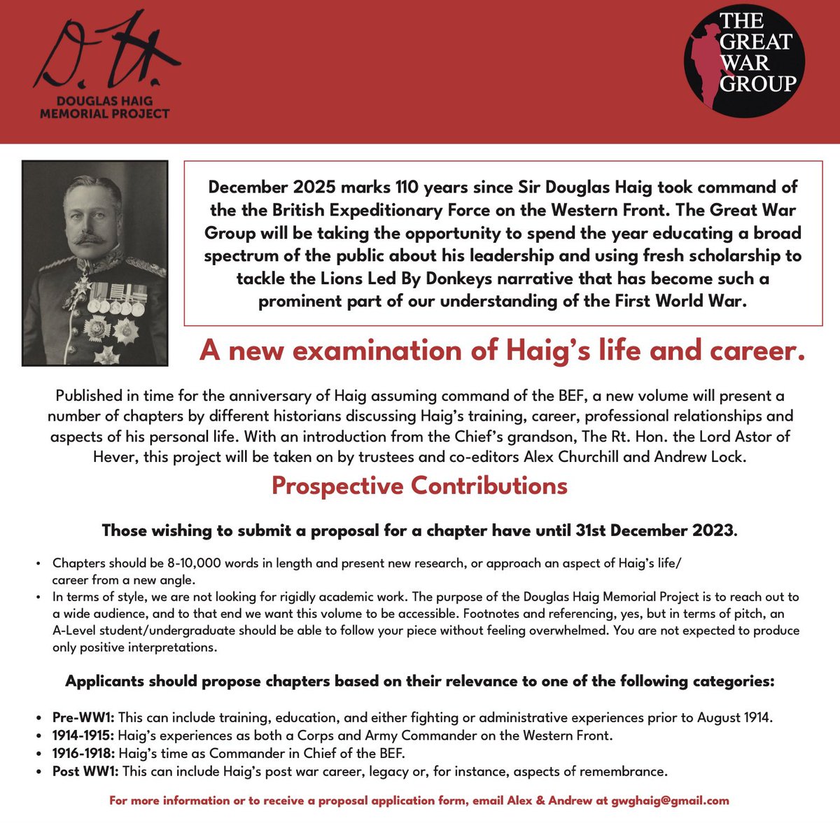 WANT TO GET PUBLISHED ON #WW1?
(Please RT and share copiously) 

In 2025 <a href="/GreatWarGroup/">The Great War Group</a> is going to be talking a LOT about Haig as a way of stimulating conversations that try to put all this “Lions Led by Donkeys” stuff into context. 

If you want to be part of a new book about