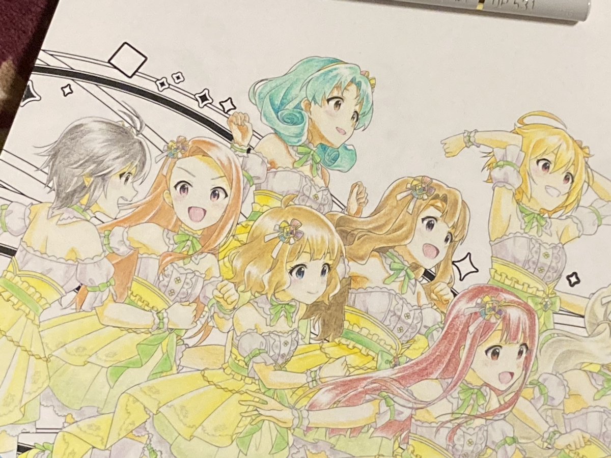 amaseekami's tweet photo. と〜〜っても素敵なコラボをありがとうございます！！！色鉛筆が大大好きな身としては本当に嬉しいコラボ……！！！！
今後も多用させて頂きます！！！他3チームの塗り絵も、このRisingLightの塗り絵もまだまだ今後も塗っていきたい！！！ #ミリベイン https://t.co/DXUCdZMxE1