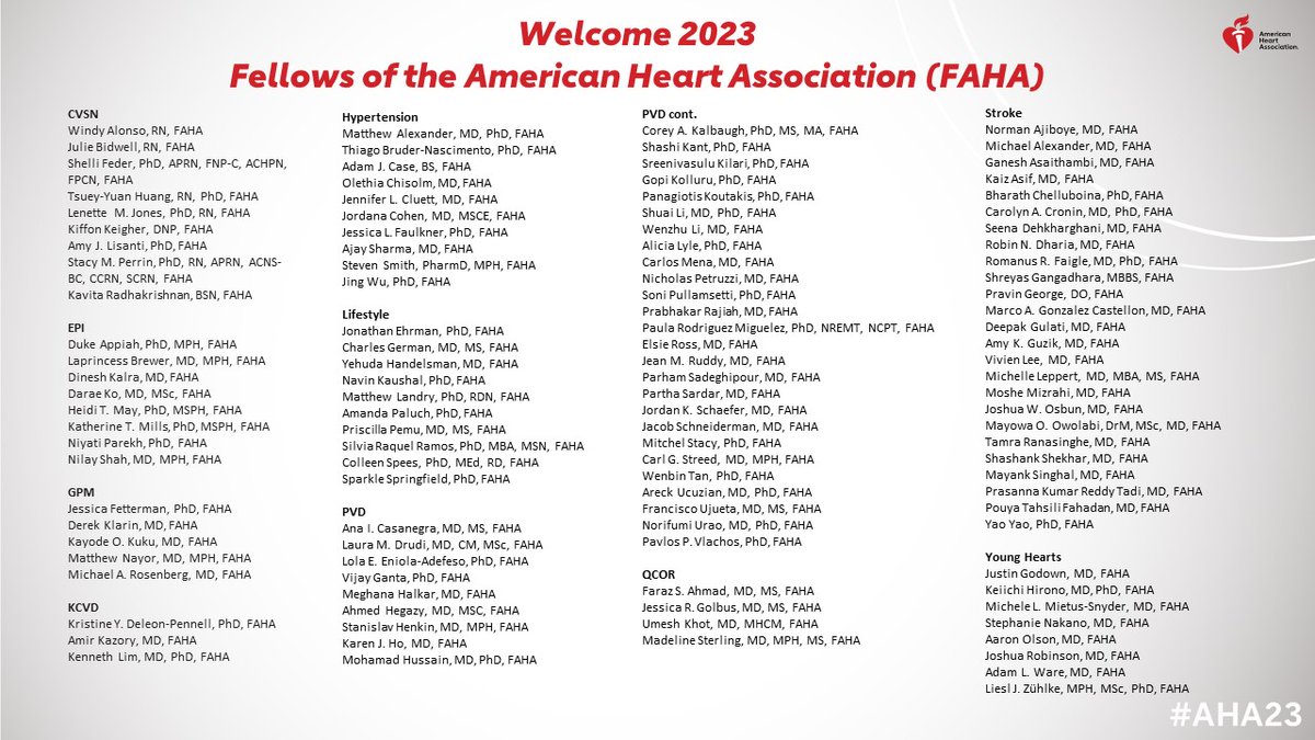 AHAScience's tweet image. 2/ Congrats to the new FAHAs from @CVSNHeart, Council on Epidemiology and Prevention, @GenPrecisionMed, @KidneyInCVD, @CouncilonHTN, Council on Lifestyle &amp;amp; Cardiometabolic Health, @PVDCouncil,  QCOR, Stroke Council &amp;amp; Young Hearts Council! 

Join us in celebrating 👏 🎉 🙌 #AHA23