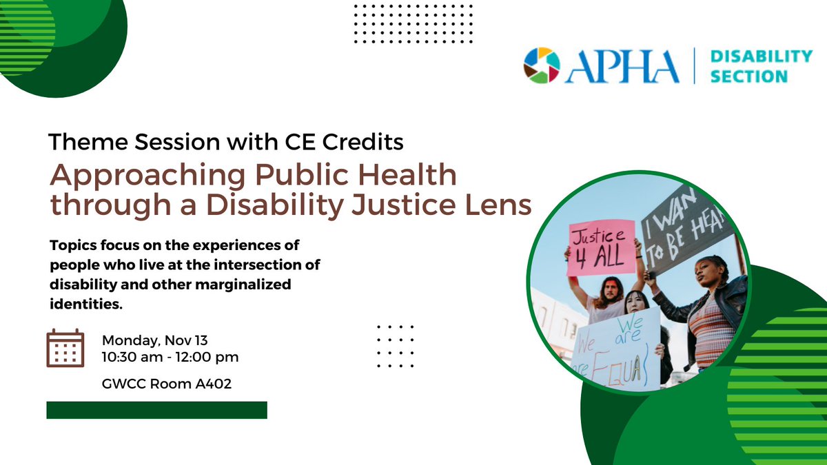 Join @APHADisability for a theme-related session on public health & disability justice. Topics focus on the experiences of ppl who live at the intersection of #disability & other marginalized identities. Monday at 10:30 AM in GWCC room A402. CE credits available. #APHA2023