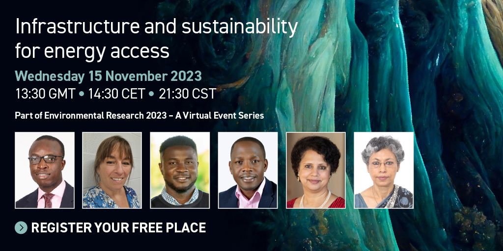 IOP Environment (@iopenvironment) on Twitter photo ⚡🌎On Wednesday, join us for “Infrastructure and sustainability for energy access”, chaired by <a href="/n_edomah/">Norbert Edomah</a> with talks from renowned speakers <a href="/VaneBailo/">Vanesa Castán Broto</a> <a href="/michael_dioha/">Michael Dioha, PhD</a> <a href="/kareem_buyana/">Buyana Kareem</a> <a href="/AnuRamaswami/">Anu Ramaswami</a> and <a href="/Joyashree9/">Joyashree</a>. Register to join live or watch back later👉ow.ly/p2O850Q6nUH ⚡🌎On Wednesday, join us for “Infrastructure and sustainability for energy access”, chaired by <a href="/n_edomah/">Norbert Edomah</a> with talks from renowned speakers <a href="/VaneBailo/">Vanesa Castán Broto</a> <a href="/michael_dioha/">Michael Dioha, PhD</a> <a href="/kareem_buyana/">Buyana Kareem</a> <a href="/AnuRamaswami/">Anu Ramaswami</a> and <a href="/Joyashree9/">Joyashree</a>. Register to join live or watch back later👉ow.ly/p2O850Q6nUH