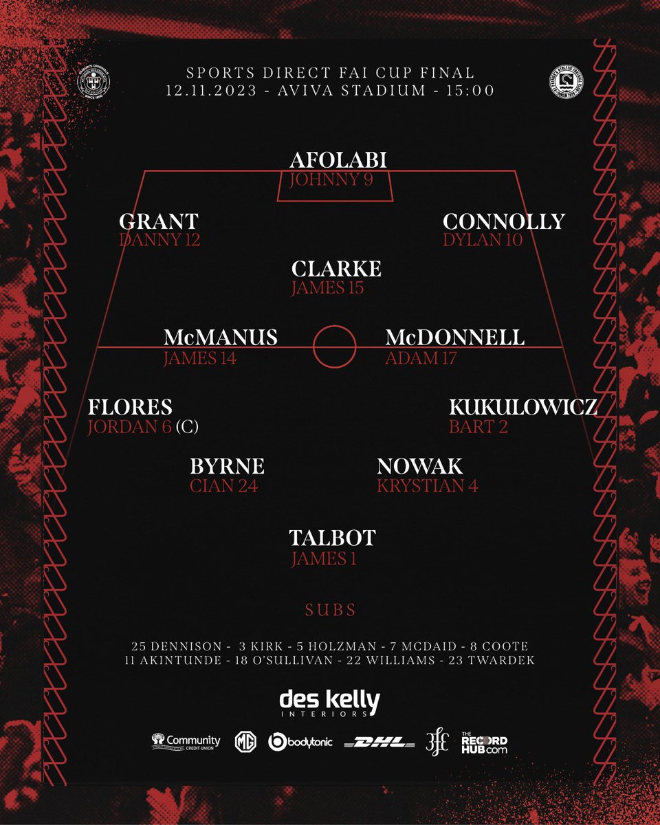 ❤️🖤 Here’s how Bohemians line out in this afternoon’s Sports Direct Men’s FAI Cup final. 🎀 #SheWore