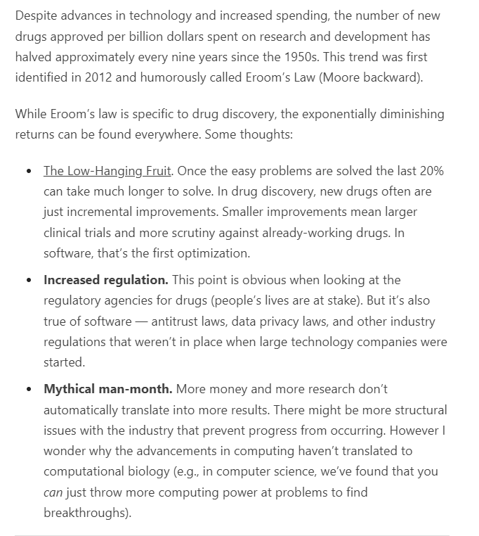 'Despite advances in technology and increased spending, the number of new drugs approved per billion dollars spent on research and development has halved approximately every nine years since the 1950s.' @mattrickard