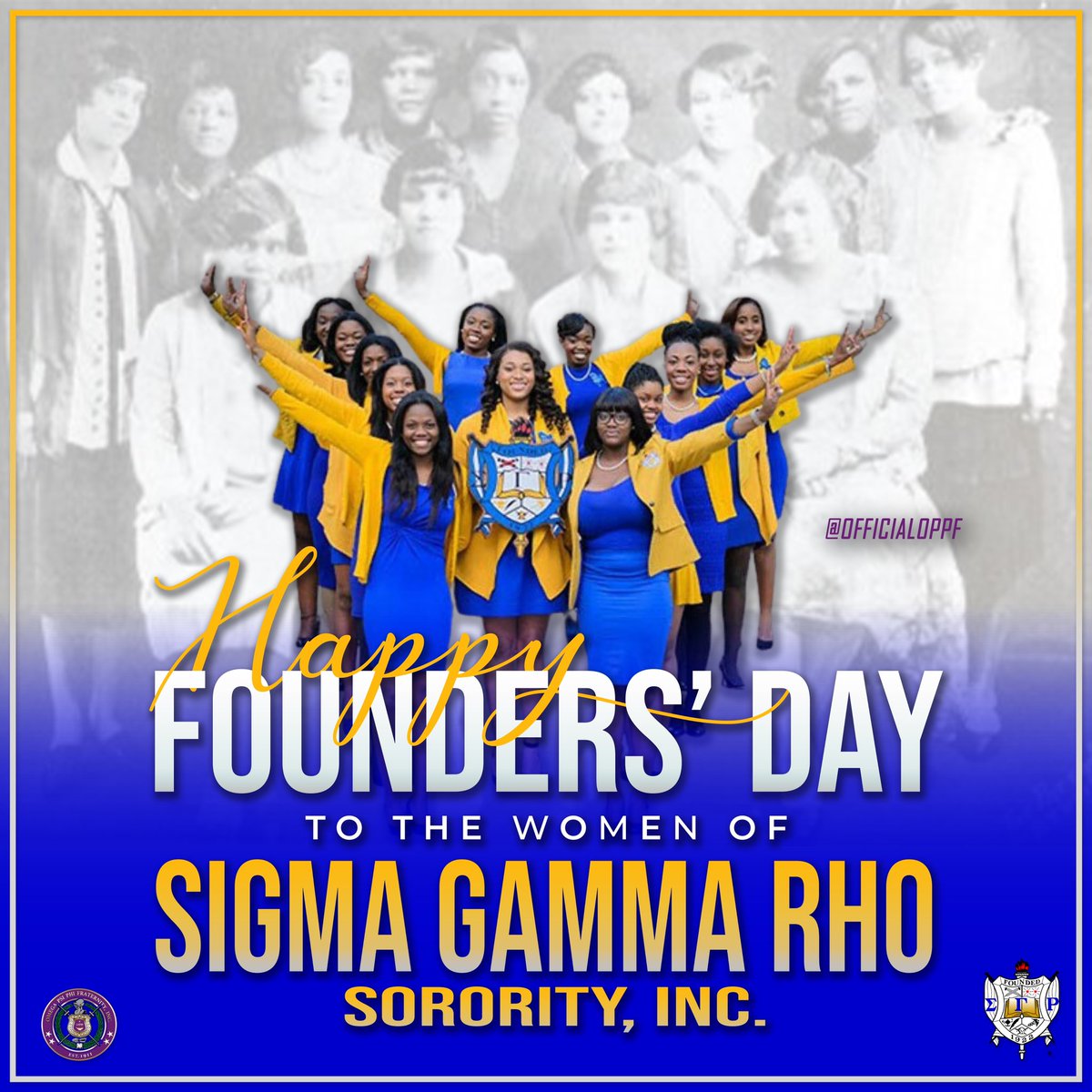 OfficialOPPF's tweet photo. Happy Founders’ Day to the ladies of Sigma Gamma Rho Sorority, Inc. Congratulations on 101 years of “Greater Service, Greater Progress!” 💙💛💜

#SigmaGammaRho #sgrho101 https://t.co/4VrDiMjtVW