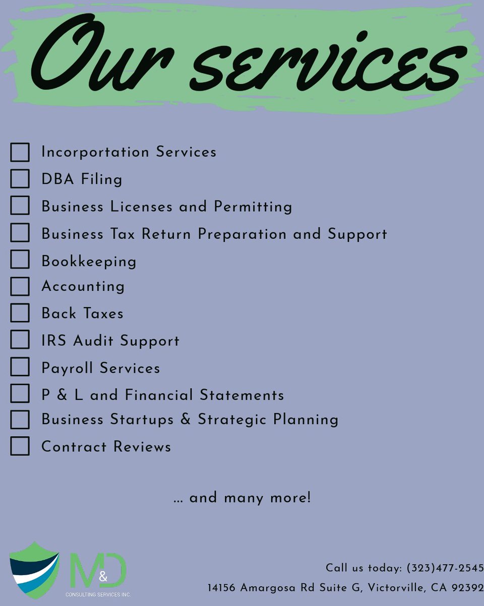 MnD_Consulting's tweet image. Desde la contabilidad hasta los impuestos atrasados, nuestros servicios personalizados están diseñados para mejorar su negocio en cada etapa. ¡Alcancemos el éxito juntos!

#BusinessGrowth
#TaxTime
#BookkeepingBasics
#StartupSuccess
#FinancialFreedom