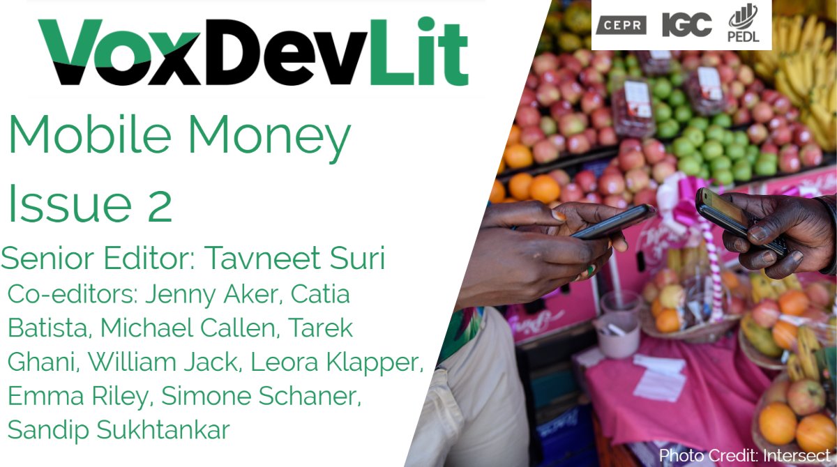 Issue 2 of Mobile Money, our recent #VoxDevLit, synthesises the latest research on mobile money, focusing on key takeaways for policymakers. Download and read this living literature review at the link below: voxdev.org/voxdevlit/mobi…