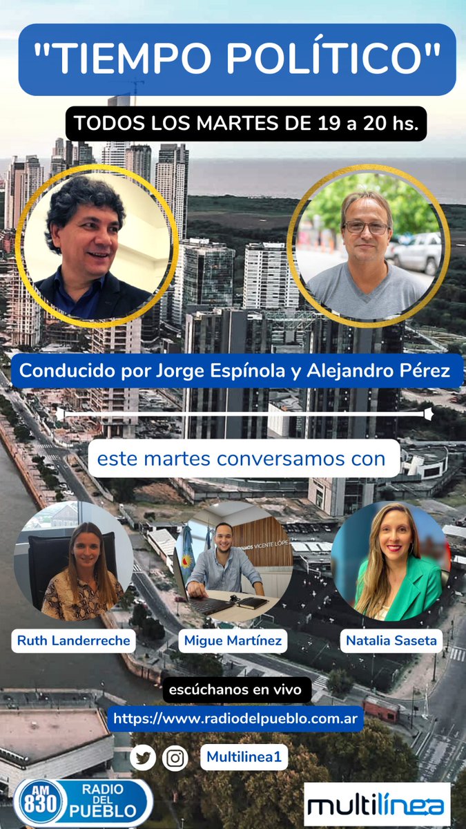 El próximo martes 14 de noviembre te esperamos en Tiempo Político. Con Ruth Landerreche (Seguridad GCBA), Migue Martínez (análisis debate presidencial) y Natalia Saseta (Diputada Prov. Catamarca JxC).
Seguinos: multilinea.com.ar
<a href="/PerezAleOk/">Alejandro Pérez</a> <a href="/rlanderreche/">Ruth Landerreche</a> <a href="/natisaseta/">Natalia Saseta</a>