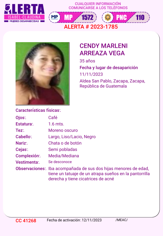 isabel_claudina's tweet photo. #AlertaIsabelClaudina
🚨 Ayúdenos a encontrar a
CENDY MARLENI ARREAZA VEGA
Desapareció el 11de Noviembre de 2023
 Cualquier información comunicarse al teléfono 📞 1572
Gracias por difundir esta información❗ https://t.co/8hgSgEzmYg