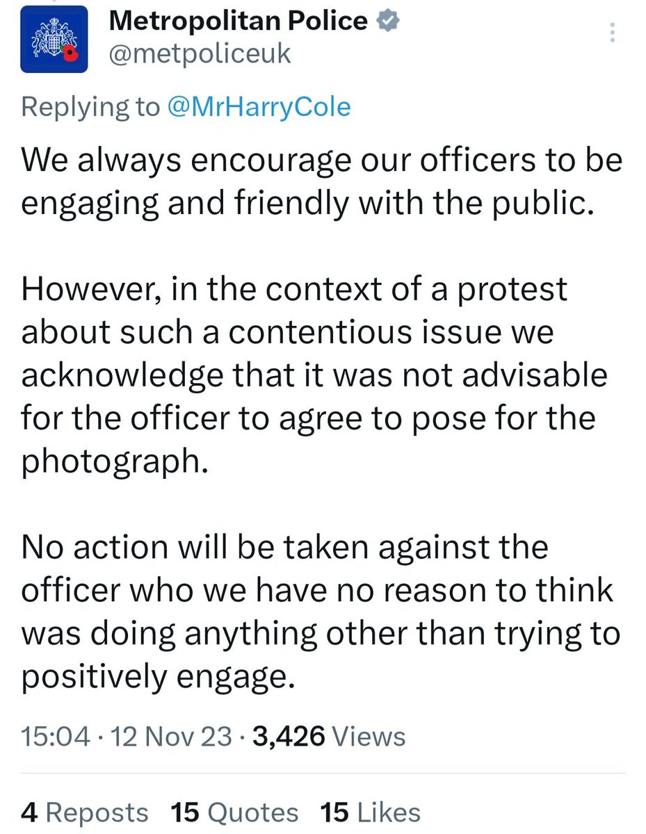 EvacTony's tweet photo. Posing for a photograph with a child dressed as a terrorist a month after the worst atrocity to be inflicted on Jewish people since ww2. 

Not a problem according to the Met. 

#SuellaBraverman was RIGHT. 

#2tierpolicing #SuellaWasRight #ArmisticeDay2023 https://t.co/HnBU7PeXj6