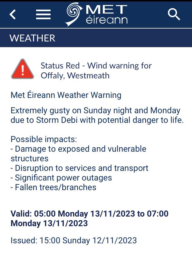 Offaly County Council (@offalycoco) on Twitter photo .<a href="/MetEireann/">Met Éireann</a> recently issued a Status Red wind warning for #Offaly - valid from 5am to 7am on Monday 13th.
A Status Red warning is the highest warning level that can issue as it has the potential to cause structural damage.
During #StormDebi, please be aware of: .<a href="/MetEireann/">Met Éireann</a> recently issued a Status Red wind warning for #Offaly - valid from 5am to 7am on Monday 13th.
A Status Red warning is the highest warning level that can issue as it has the potential to cause structural damage.
During #StormDebi, please be aware of: