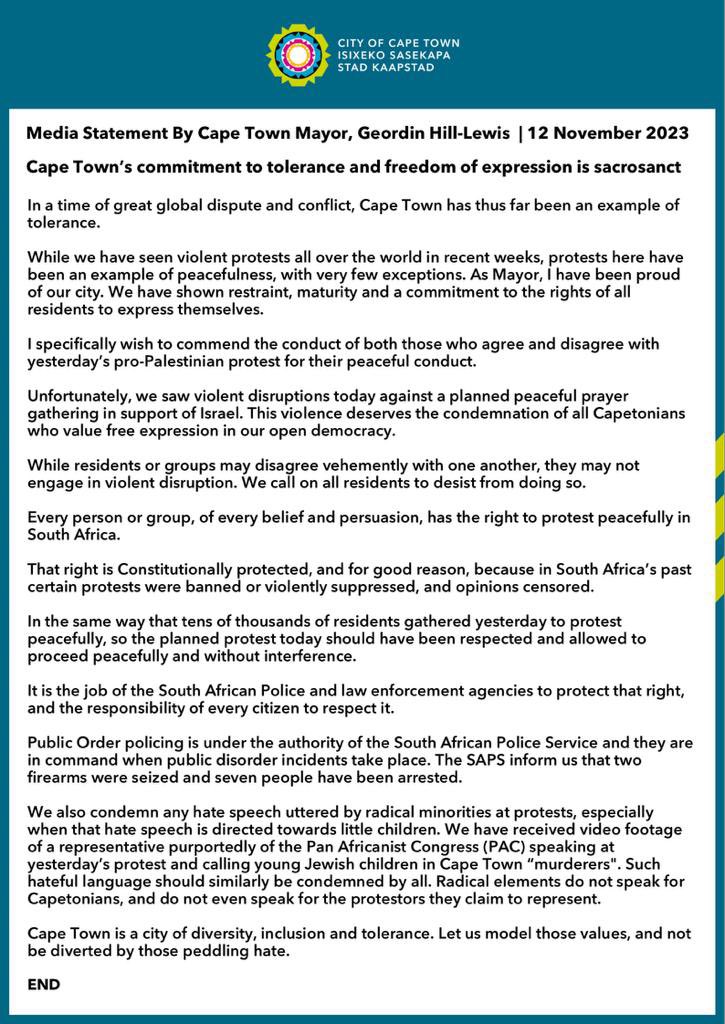 Statement on today’s disruption of a lawful protest: 

Cape Town’s commitment to tolerance and freedom of expression is sacrosanct