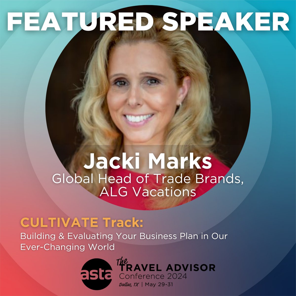 Jacki Marks, Global Head of Trade Brands at <a href="/algvacations/">ALG Vacations</a>, will be a featured speaker at The ASTA Travel Advisor Conference 2024. bit.ly/tac2024 #TAC2024