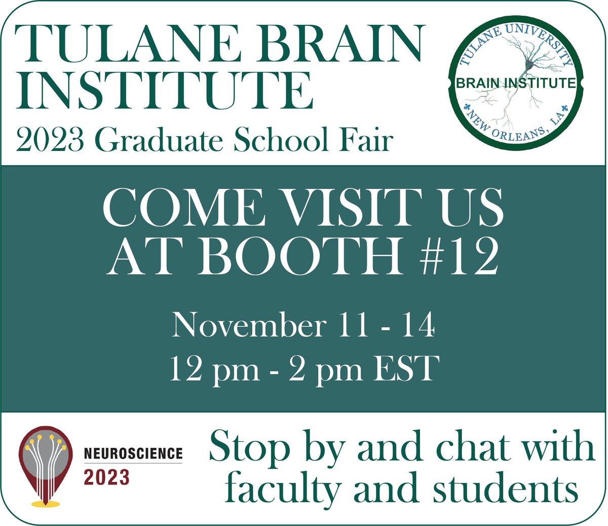 Tulane Brain Institute (@tulanebrain) on Twitter photo ๐๐๐ Yes! We are at #SfN23 Grad Fair! Want to learn about our PhD and MS programs in Neuroscience? Today we'll have Drs. Daniel <a href="/jillmdaniel/">Jill Daniel</a> and Schrader <a href="/LauraSchrader3/">Laura Schrader</a> at the booth! Visit us! Also, we have the coolest swag! #SfN2023 <a href="/Tulane/">Tulane University</a> <a href="/SfNtweets/">Society for Neuroscience (SfN)</a> #PhDProgram ๐๐๐ Yes! We are at #SfN23 Grad Fair! Want to learn about our PhD and MS programs in Neuroscience? Today we'll have Drs. Daniel <a href="/jillmdaniel/">Jill Daniel</a> and Schrader <a href="/LauraSchrader3/">Laura Schrader</a> at the booth! Visit us! Also, we have the coolest swag! #SfN2023 <a href="/Tulane/">Tulane University</a> <a href="/SfNtweets/">Society for Neuroscience (SfN)</a> #PhDProgram