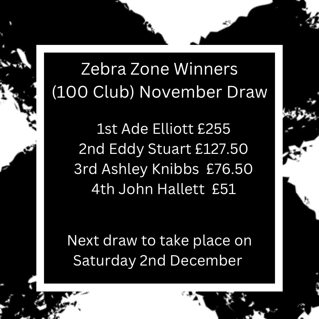 SherborneTownFC's tweet photo. Yesterday saw our 4th Zebra Zone 100 Club draw take place. Congratulations to the winners. The next draw will take place before our home game with @farehamtownfc on Saturday 2nd December #Zebras #COYZ #ZebraZone #100Club @swsportsnews @Abbey_104 @sherbornetimes @sportwestdorset https://t.co/D3oJqGkbeK