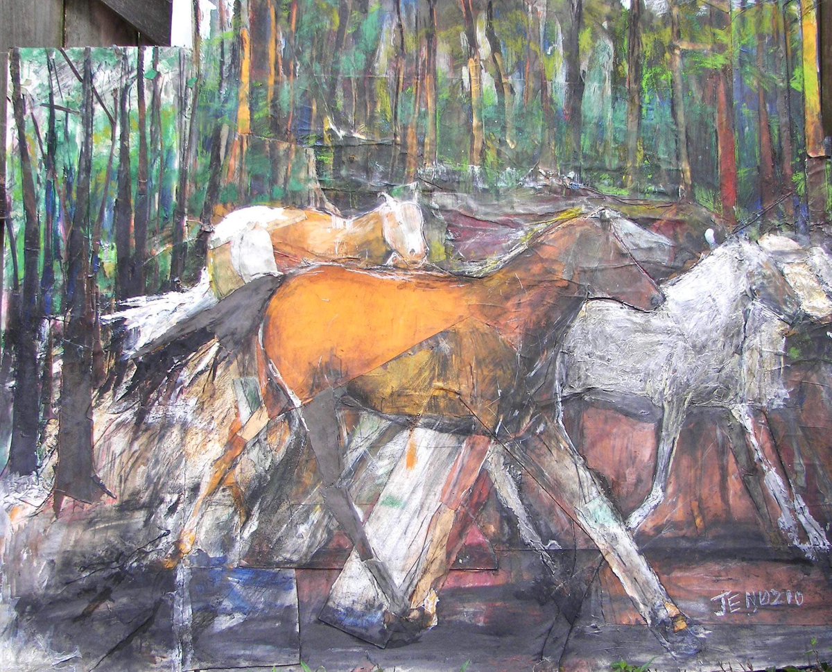 “Forest Run” Mixed Media 57” x 67” Vivian Jendzio #Equine #ContemporaryArt #EquineArt #Horses #Animals #ConservationArt #WildHorses #ArabianHorses #Quarterhorses #AnimalArt #Horse #NorthFlorida #SportingArt