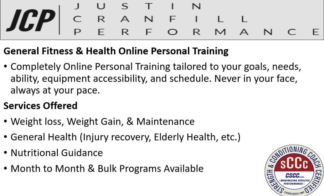JCP has a subsection for General Fitness. This is online personal training for the general public. Check it out below. Never in your face, always at your pace.