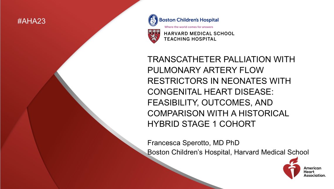 Delighted to have presented our experience on #transcatheter palliation with PFRs in neonates w/ congenital🫀disease at #AHA2023! Simultaneous publication in @CircIntv 👉🏻ahajournals.org/doi/abs/10.116… #CardioTwitter @NicMaschietto @BCH_HeartCenter @AHAScience @circAHA #AHAJournals