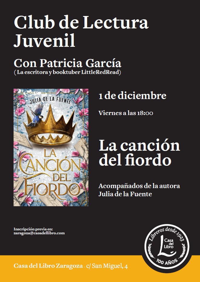 Si te gustan los Clubs de Lectura apúntate al que tenemos el próximo 1 de diciembre en nuestra librería de Zaragoza.
Charlaremos sobre el libro #LaCanciónDelFiordo 🤗

<a href="/JuliaDlafuente/">Julia De la Fuente 📕</a> <a href="/Puck_ed/">Puck España</a> <a href="/LittleRedRead/">Little Red ♥️❄️⚔️</a>
