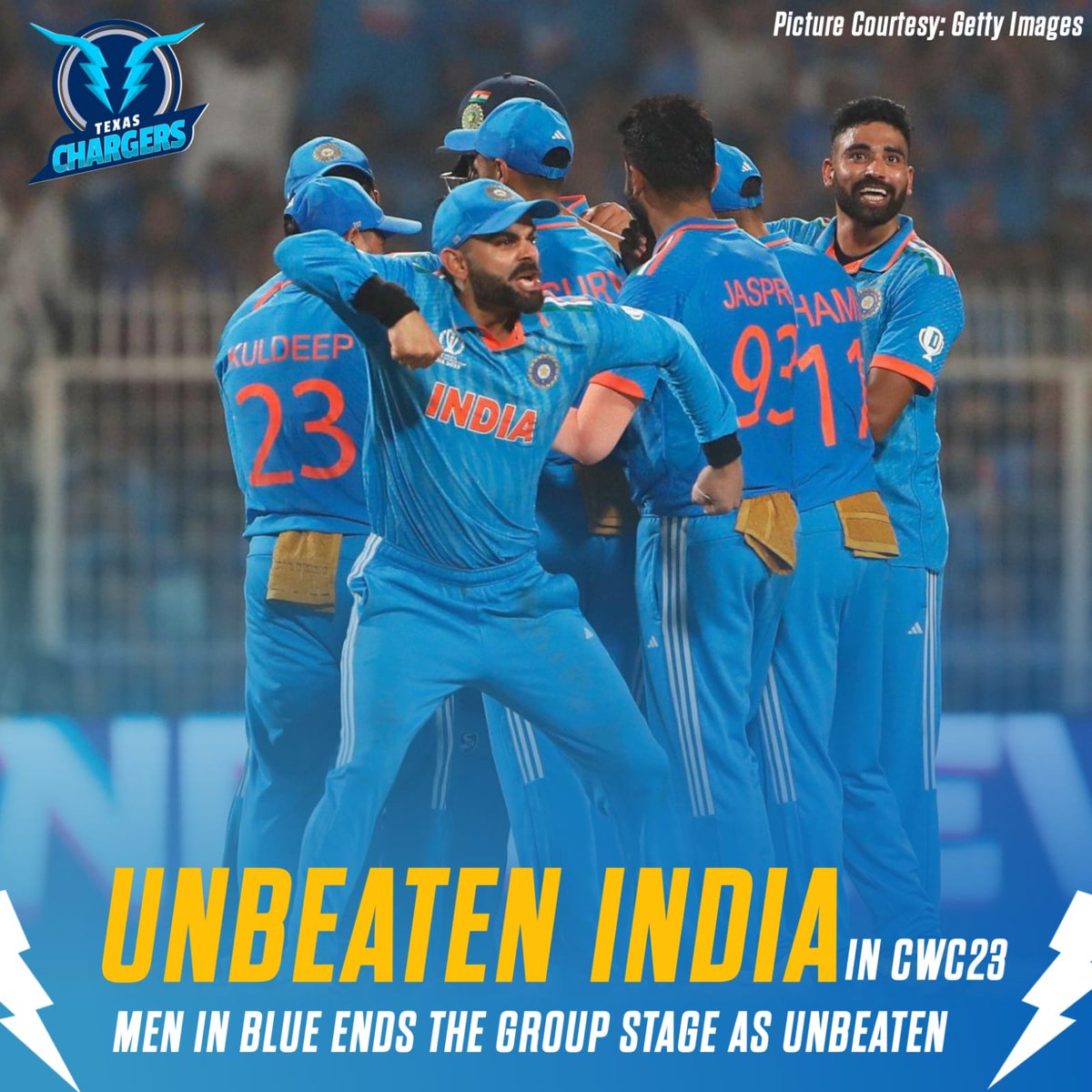 Team India 🇮🇳 has been absolutely dominant in their World Cup campaign 🔥 Won every single group game they have played in #CWC23, showcasing their sheer brilliance & determination 👌 Semis bound now 🏆 #TexasChargers #CricketWorldCup #IndianCricket #Cricket #ChargingToVictor