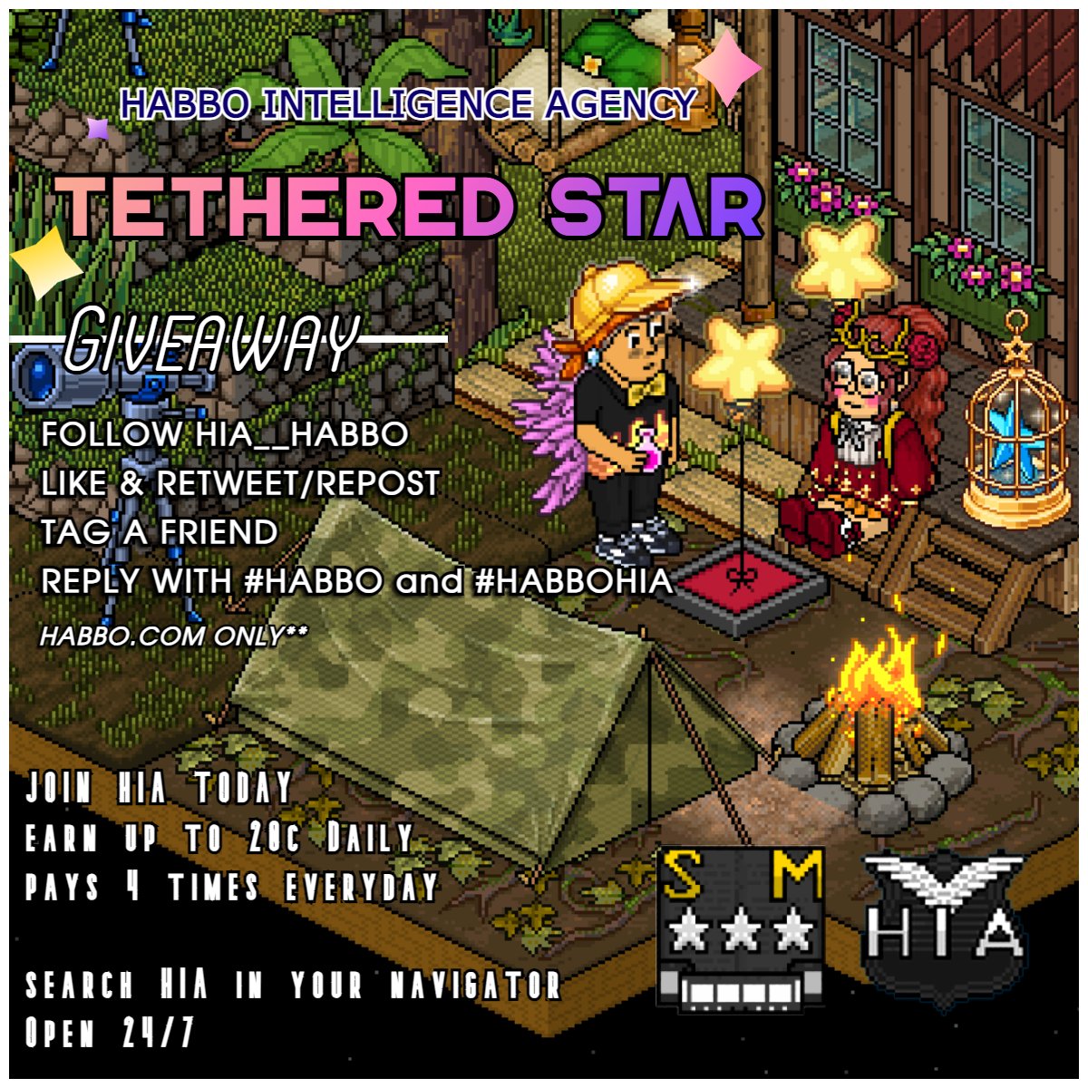 ✨TETHERED STAR GIVEAWAY!✨ 

<a href="/Habbo/">Habbo</a> Has provided HIA a Tethered Star and we decided to give it away!

1. Follow <a href="/HIA__Habbo/">HIA :: Habbo Intelligence Agency</a>
2. RT this tweet 
3. Tag a friend
4: Reply with #Habbo and #HabboHIA

.COM only**

🚨19th November, 2023 [23:59] 🚨

#habbogiveaway