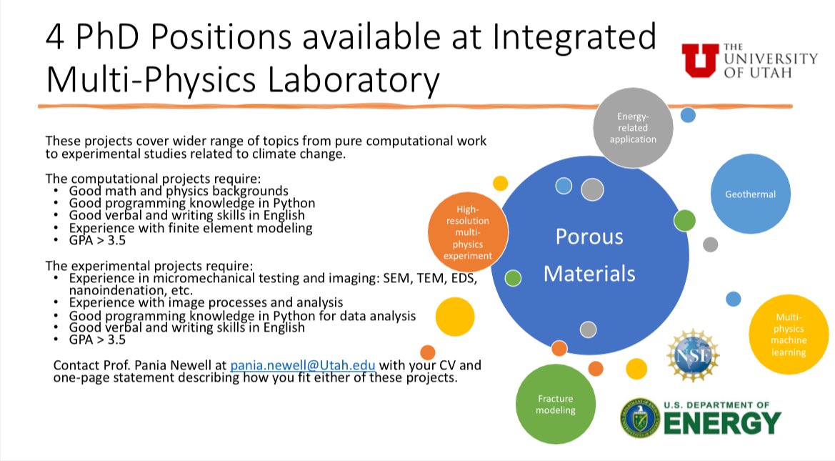 🌐 Join Integrated Multi-Physics Laboratory at The University of Utah!
👨‍🔬 Postdoc Position: Scientific Machine Learning for Porous Media. Deadline: Nov 24, 2023 
🎓 PhD Positions (4)
📩 Contact Prof. Pania Newell at pania.newell@Utah.edu