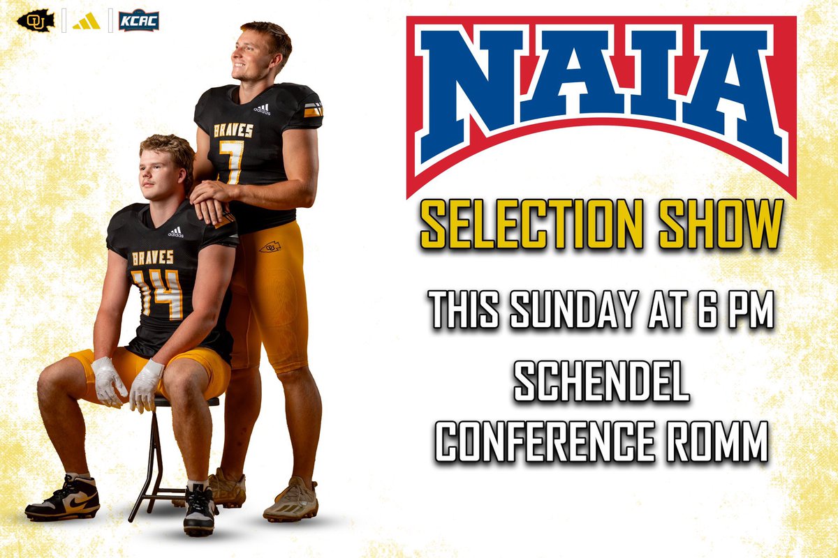Braves Athletics (@bravesathletics) on Twitter photo The NAIA Selection Show for football is TODAY‼️
The selection show for <a href="/OttawaBravesFB/">Ottawa Braves Football</a> will be in the Schendel Conference Room at 6 PM!
If you are unable to join the team, it will be available to watch on YouTube: youtube.com/@PlayNAIA?si=w… #BraveNation The NAIA Selection Show for football is TODAY‼️
The selection show for <a href="/OttawaBravesFB/">Ottawa Braves Football</a> will be in the Schendel Conference Room at 6 PM!
If you are unable to join the team, it will be available to watch on YouTube: youtube.com/@PlayNAIA?si=w… #BraveNation