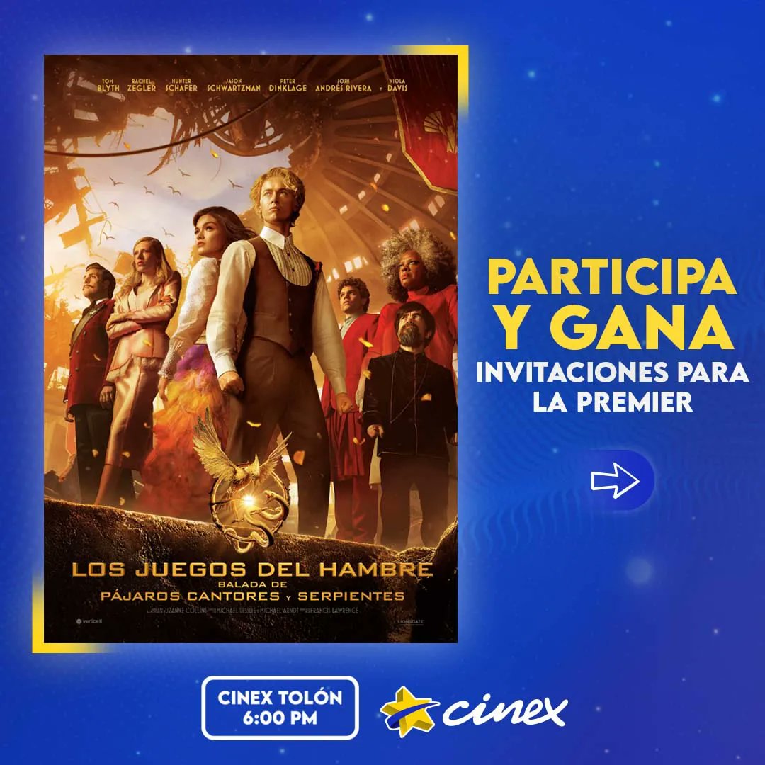 CinexVe's tweet image. Gana invitaciones para la premier de #LosJuegosDelHambre Balada de Pájaros Cantores y Serpientes en #Cinex

Dinámica: 
1. Sigue la cuentas @cinexve y @cineblancica 
2. Responde en comentarios la pregunta que ves en el post 

#CinexEsElPlan