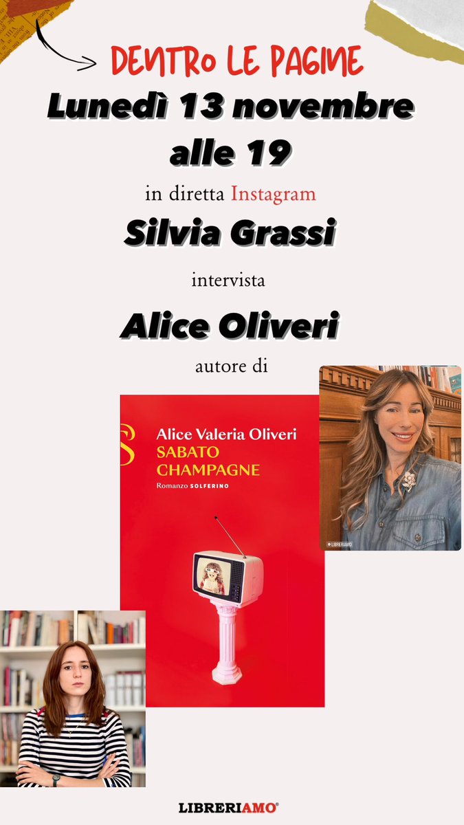 SilvyGrassi's tweet photo. Lunedi 13 novembre alle 19 live #Instagram su #libreriamo. Si parla di tv di chi la vede e di chi la fa, con il romanzo d’esordio dell’autrice Alice Oliveri @tudifrudi “Sabato champagne”🍾 Da #nonelarai al #GrandeFratello da #Striscia a #uominiedonne che adulti siamo diventati ? https://t.co/X7qMtGwoLg