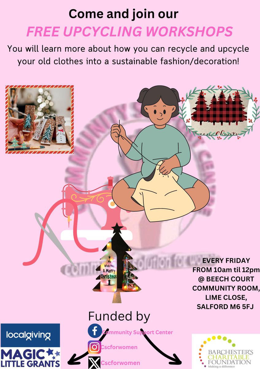 Hi everyone, we’re pleased to announce that our first annual workshops christmas art/craft magic mending creative activities sessions is on every Friday from 10am- 12pm at Beech community court room. please bring any old items that maybe used for upcycling into xmas decorations.