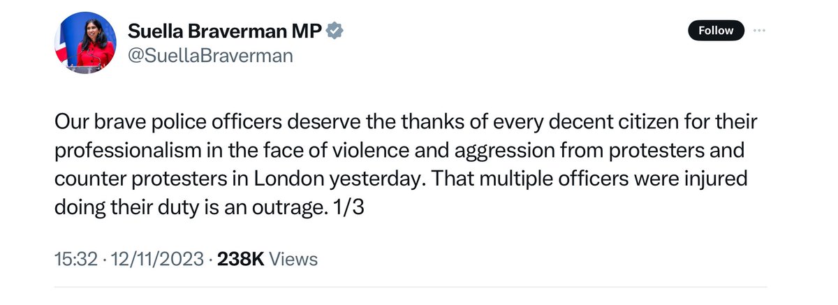 The gall and impertinence are breathtaking. I imagine significant numbers of police officers will think this disgrace to her office is baiting them given the role she’s played in recent events and how she’s targeted the police. #BravermanRiots