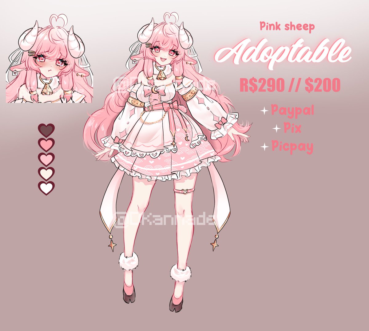 ADOPTABLE PINK SHEEP 🐑💕

$200
R$290
——
Paypal
Pix
Picpay
——
-You can make small changes
-Commercial use and copyright purchase require additional charges
-No refund
-It's impossible to resell

❤️