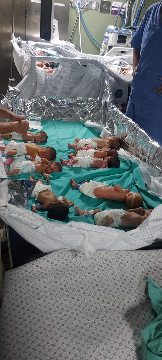 Staff at Shifa Hospital have shared this photo of their heroic attempts to keep the premature babies alive in an operating theatre after they were forced to shut down the NICU. Taken 6pm today. Attacks on the hospital must end, and aid must be allowed to reach it. #CeasefireNOW