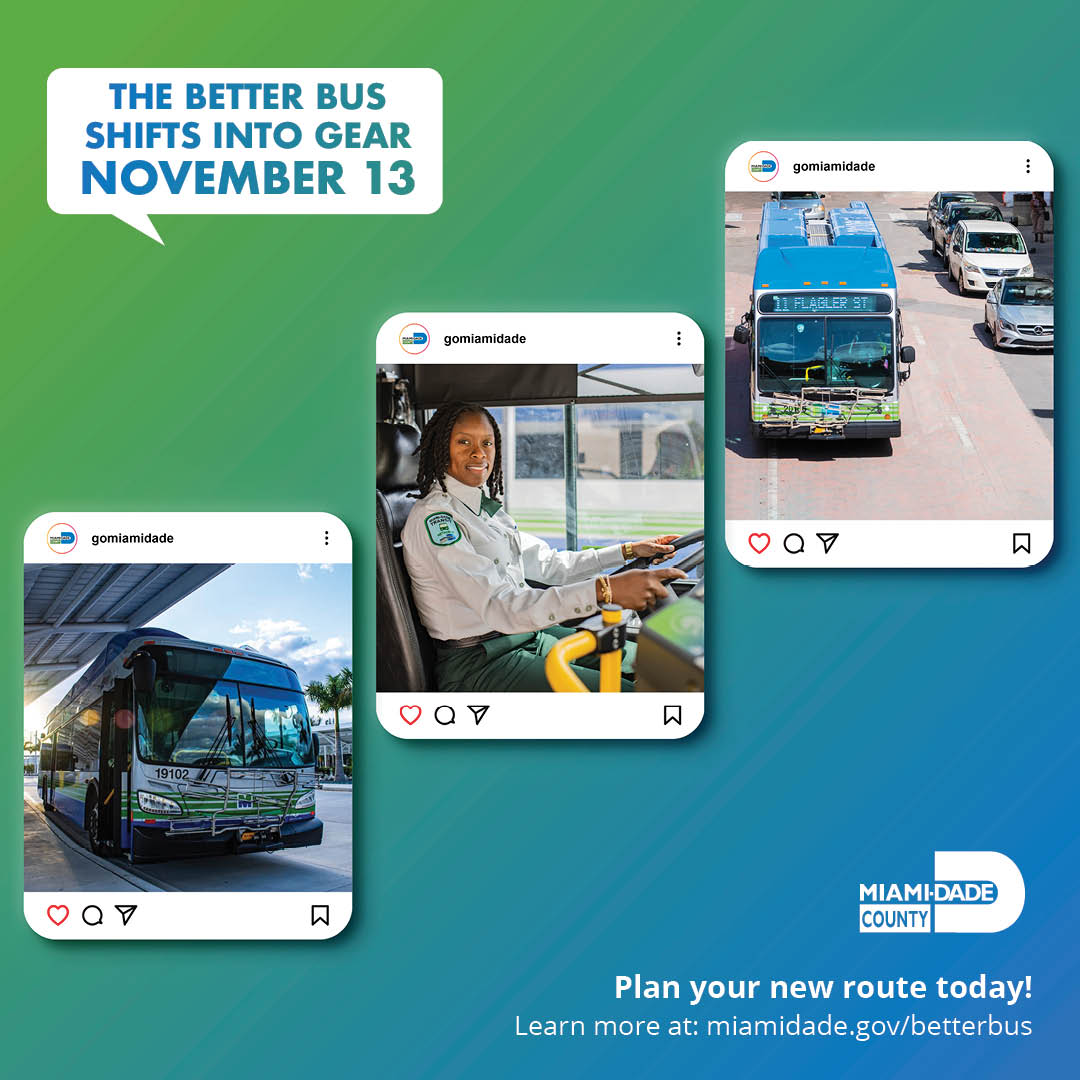GoMiamiDade's tweet photo. The Better Bus SHIFTS into gear tomorrow and it's bringing more opportunities to more residents! An increase of 15,000 jobs within a 45-minute commute and double the residents benefiting from frequent service means #OurCounty is getting more connected!  #GoMiamiDade https://t.co/xbOJEpScxi