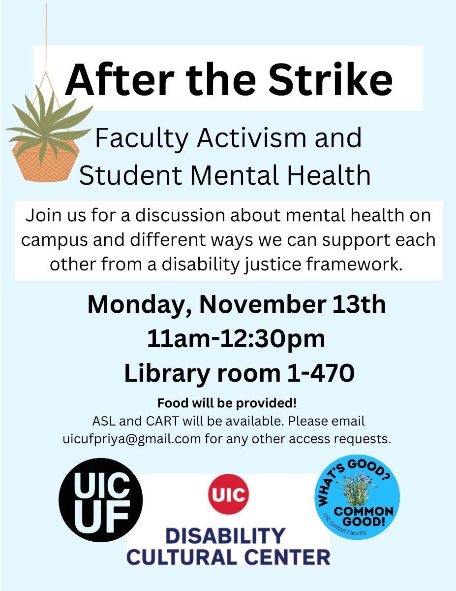 UIC United Faculty (@uicuf) on Twitter photo Join the discussion around faculty engagement with student mental health on the UIC campus. All <a href="/UICUF/">UIC United Faculty</a> members are invited to this collaborative event, Monday, November 13 from 11-1pm in the Library, room 1-470 hosted by UIC United Faculty and the UIC Disability Cultural Center. Join the discussion around faculty engagement with student mental health on the UIC campus. All <a href="/UICUF/">UIC United Faculty</a> members are invited to this collaborative event, Monday, November 13 from 11-1pm in the Library, room 1-470 hosted by UIC United Faculty and the UIC Disability Cultural Center.