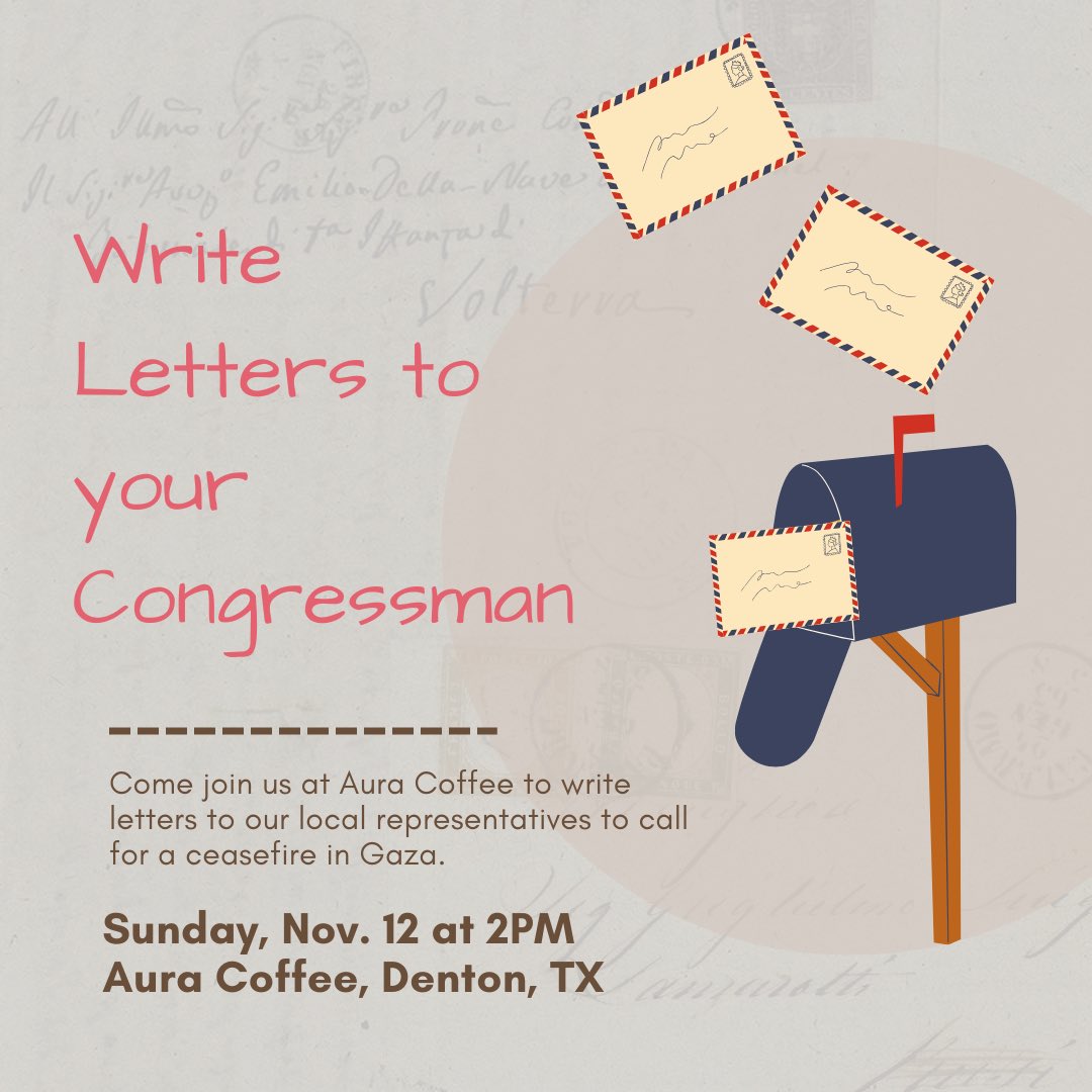 Have nothing to do today? Come join us at Aura Coffee to write our representatives for a ceasefire in Gaza! Materials provided!