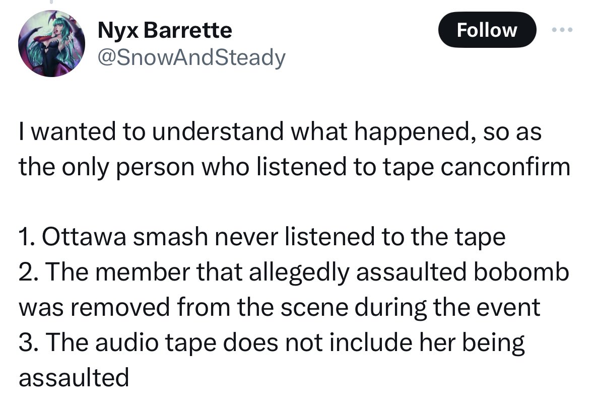 chicsheik_'s tweet photo. Just a small update, it’s not just staff confirmed to have this recording, it has circulated as far as casual players of OttawaSmash now. An eight hour recording of miscarriage and SA. I can’t imagine how much of a sick pervert I’d have to be to sit through those eight hours. https://t.co/9boehbVknj