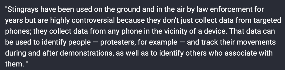 Stop bringing your phones to protests. Police have a device called a Stingray that acts as a fake cell tower. They can ping all phones in the area, monitor and collect data. HOW COPS CAN SECRETLY TRACK YOUR PHONE theintercept.com/2020/07/31/pro…