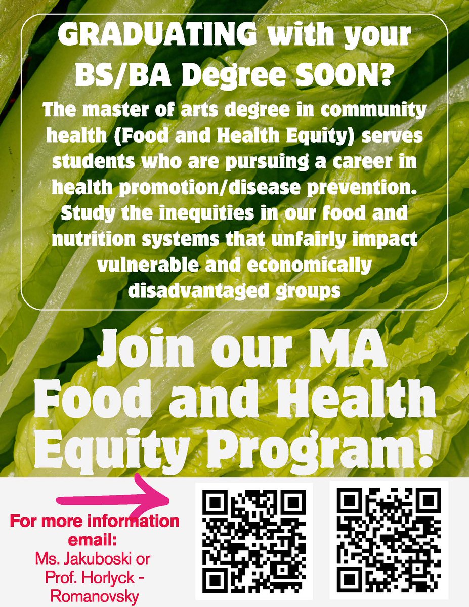 GRADUATING with your BS/BA Degree SOON and thinking about a career in health promotion? Check out the MA in community health (Food and Health Equity) offered by the Health and Nutrition Sciences department at Brooklyn College! #HNSCdegree  #publichealth #healthequity #eatright