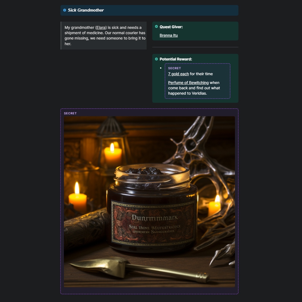 legendkeeperapp's tweet image. Here's a lovely example of how to use hidden GM notes within your LegendKeeper World.

We're back in Sylphoria from Zaden Brewer and we have a some hidden images along with a fully detailed tab with the quest notes for a GM!