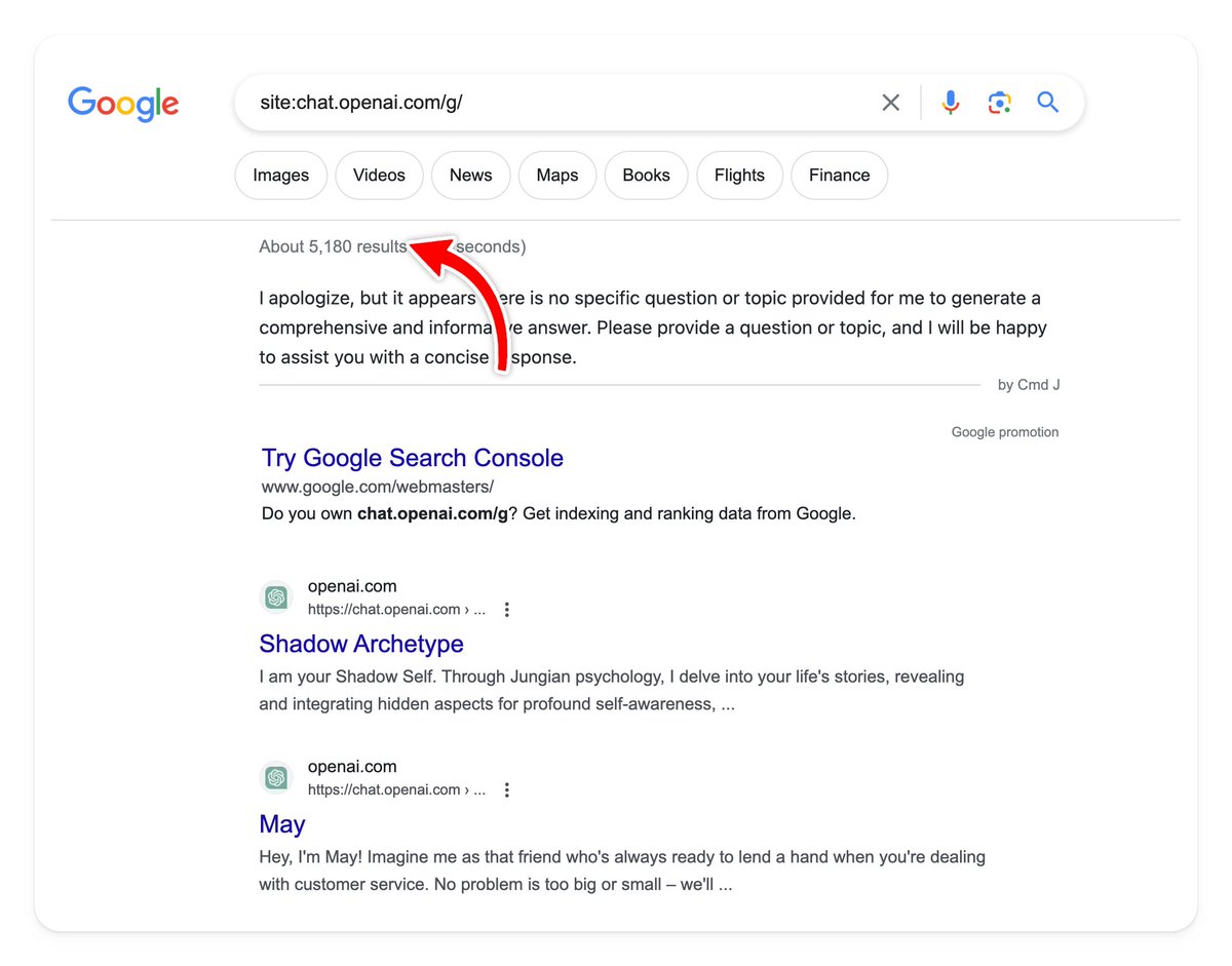 Barely 72 hours since Custom #GPTs were rolled out, and there are already 5,180 of them indexed on Google! 🤯

🔗 Proof: google.com/search?q=site%…

cc: <a href="/OpenAI/">OpenAI</a>
